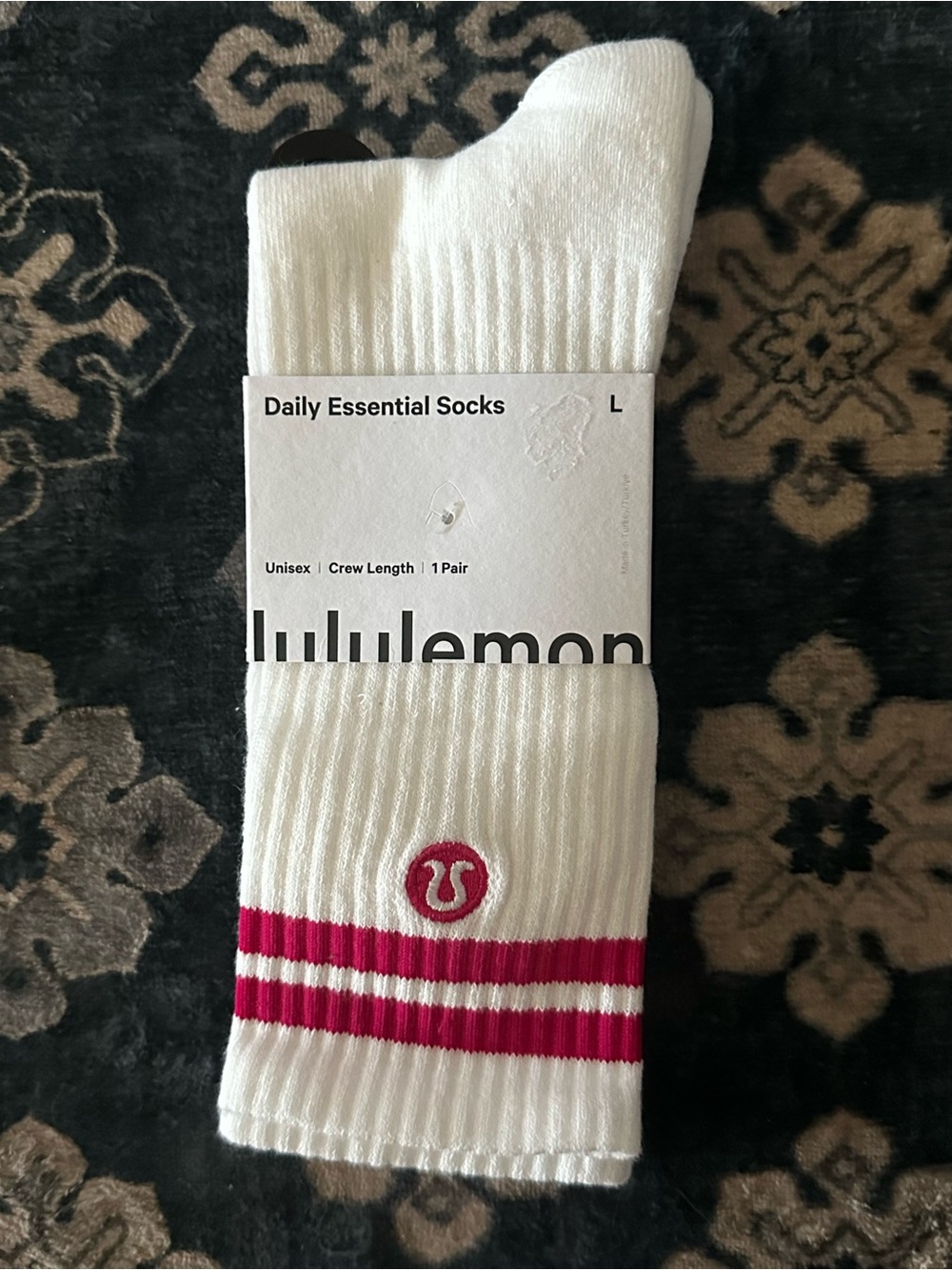 lululemon Unisex Daily Essential Crew Socks - White with Pink Stripes